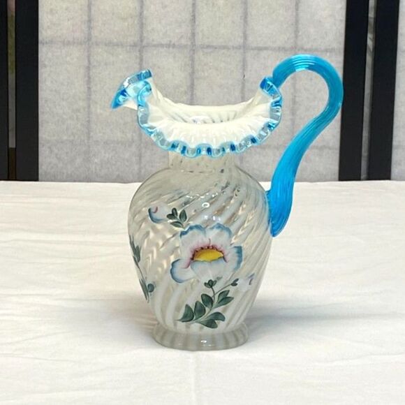 Fenton 90th Spiral French Opal Pitcher Blue Handle Ruffle Rim Poppy Art Glass - Picture 1 of 10